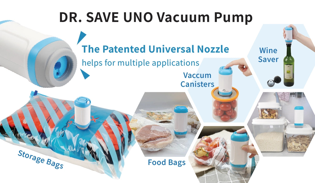 The versatile UNO vacuum pump is ideal for home and kitchen storage