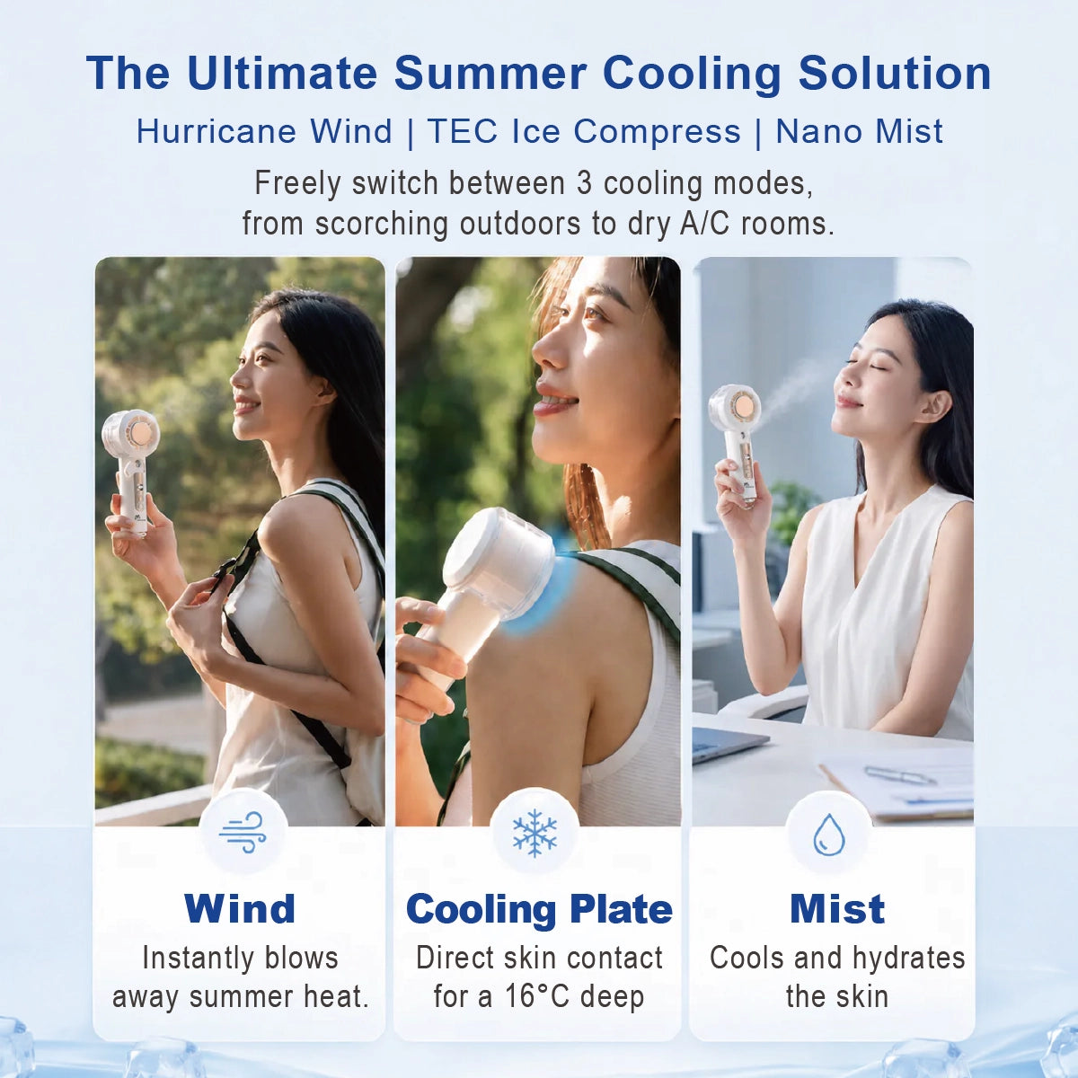 Woman using FAN101 portable cooling fan during summer activities